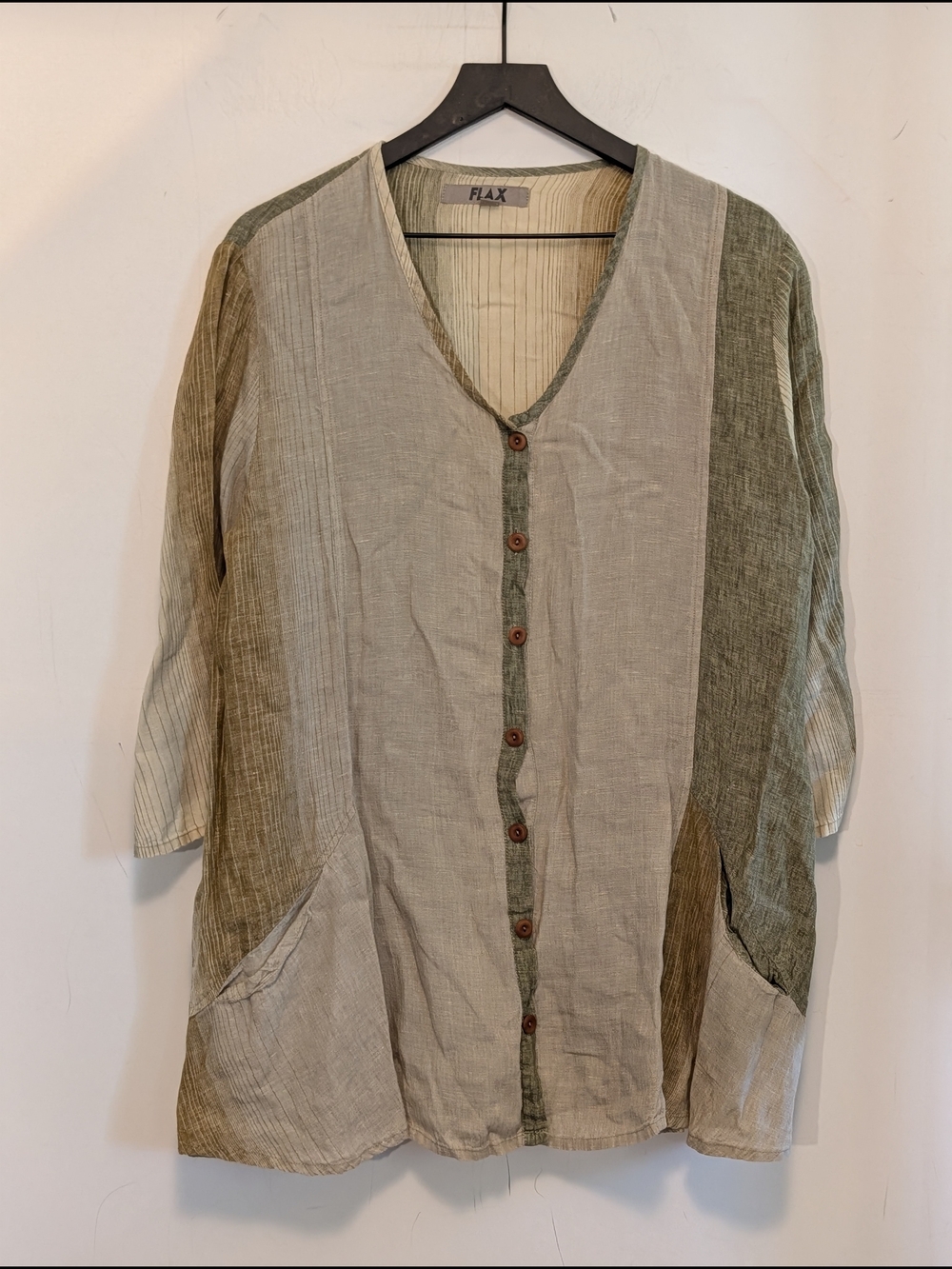 FLAX New Linen Long Jacket Med Button Front Lagenlook Patchwork Pockets 12/14